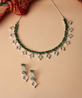 ZENEME Brass Rhodium Green Jewellery Set(Pack of 3)