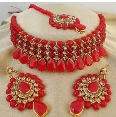ZaffreCollections Alloy Gold-plated Red Jewellery Set(Pack of 1)
