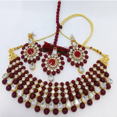 SweetArt Alloy Gold-plated Maroon Jewellery Set(Pack of 1)