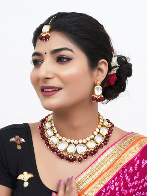 SHUBHAM JEWELLERS Brass Gold-plated Maroon Jewellery Set(Pack of 4)