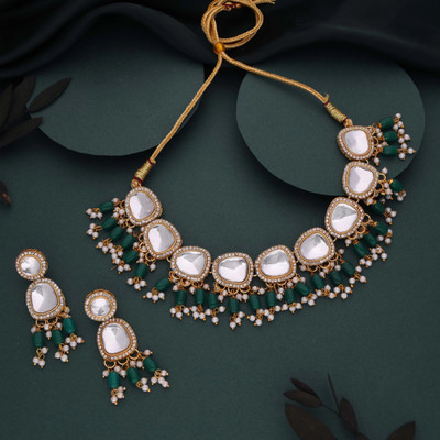 Sangria Brass Gold-plated Gold, White, Green Jewellery Set(Pack of 1)