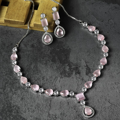 ZENEME Brass Rhodium Pink Jewellery Set(Pack of 3)