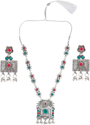 Pujvi Oxidised Silver Green Jewellery Set(Pack of 1)