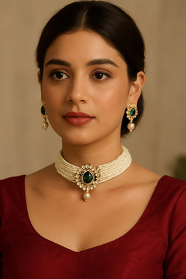 MAKEBAE Brass Gold-plated Green Jewellery Set(Pack of 2)