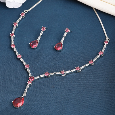 ZENEME Brass Rhodium Red Jewellery Set(Pack of 3)
