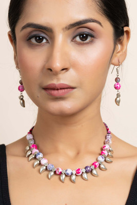 Look And Adorn Oxidised Silver Pink, Purple Jewellery Set(Pack of 1)