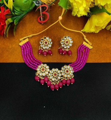 banshidhar jewellers Brass Rhodium Pink Jewellery Set(Pack of 3)