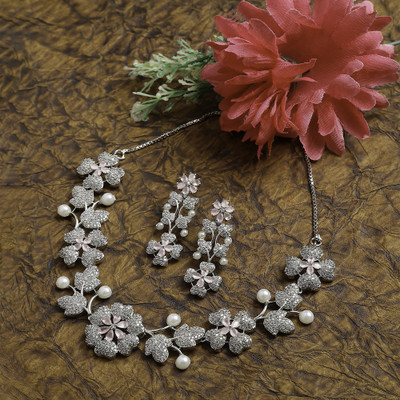 ZENEME Brass Rhodium Pink Jewellery Set(Pack of 3)