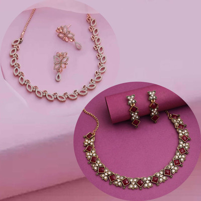 Divastri Brass Gold-plated Maroon Jewellery Set(Pack of 2)