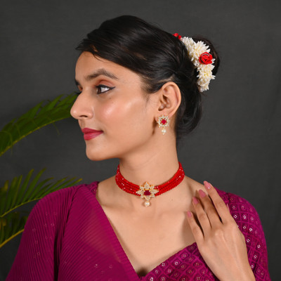 Tanusha Jewels Brass, Crystal Gold-plated Red Jewellery Set(Pack of 1)