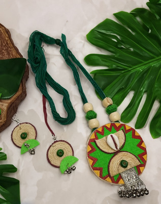 Citriine Fabric, Oxidised Silver, Terracotta, Dori Green Jewellery Set(Pack of 1)