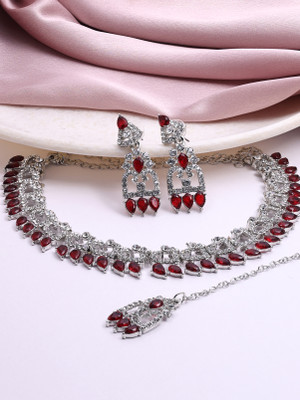 SAIYONI Alloy Rhodium Maroon Jewellery Set(Pack of 4)
