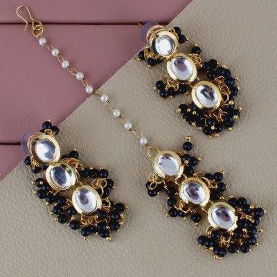 Lucky Jewellery Traditional Back Meena Gold Plated uncut kundan Black color Tika Earring set Beads Alloy Drops & Danglers