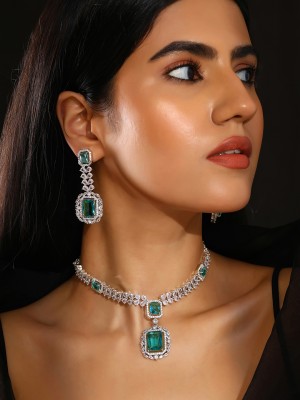 Priyaasi Brass Silver Green Jewellery Set(Pack of 3)