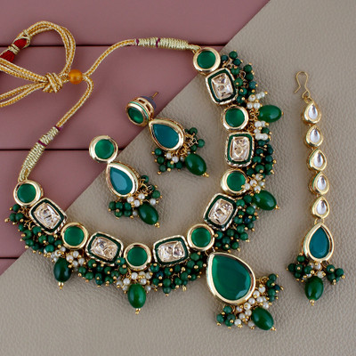 Lucky Jewellery Alloy Gold-plated Green Jewellery Set(Pack of 4)