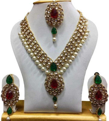 White pearl Crystal Gold-plated Maroon, Green, White Jewellery Set(Pack of 1)