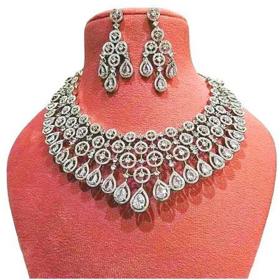 Saika Brass Silver White Jewellery Set(Pack of 1)