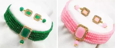 White pearl Alloy Gold-plated Green, Pink Jewellery Set(Pack of 1)