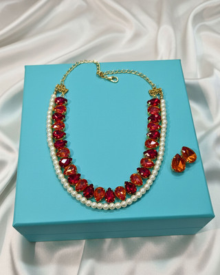 MANSIYAORANGE Brass Gold-plated Red Jewellery Set(Pack of 3)