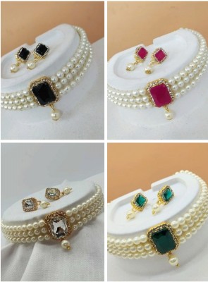 JeWell Crystal, Alloy Gold-plated White, Green, Ruby Red, Black Jewellery Set(Pack of 4)