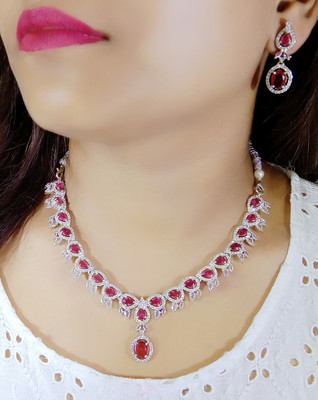 NEN COLLECTION Alloy Silver Ruby Red Jewellery Set(Pack of 3)