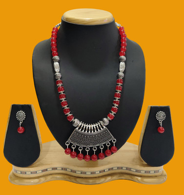 HARIHARA FASHION Oxidised Silver Red Jewellery Set(Pack of 1)