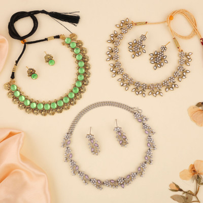 Sangria Brass Gold-plated Gold, White, Green Jewellery Set(Pack of 3)