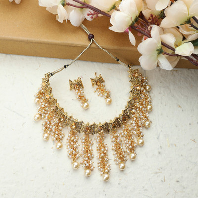 Anika's Creation Brass Gold-plated White Jewellery Set(Pack of 1)