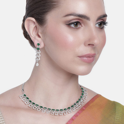 Estele Brass Rhodium Green Jewellery Set(Pack of 3)