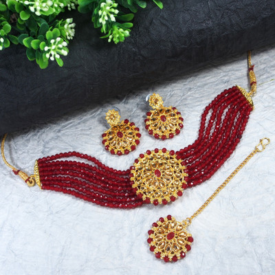 Dhirajart Alloy Gold-plated Maroon Jewellery Set(Pack of 1)