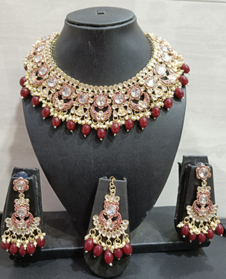 Aiji Creation Copper Gold-plated Maroon Jewellery Set(Pack of 3)