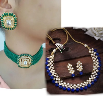 J J Alloy Gold-plated Green, Blue Jewellery Set(Pack of 1)