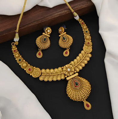 YIMBLI Traditional Wedding Wear Necklace/Jewellery Set For Women and Girls Gold-plated Plated Brass Necklace Set