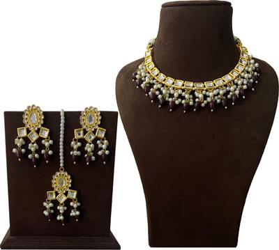 NUHA TRADERS Metal, Glass, Alloy Gold-plated Maroon Jewellery Set(Pack of 4)