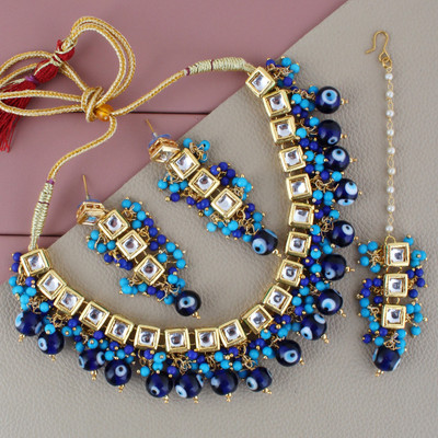 Lucky Jewellery Alloy Gold-plated Blue Jewellery Set(Pack of 4)