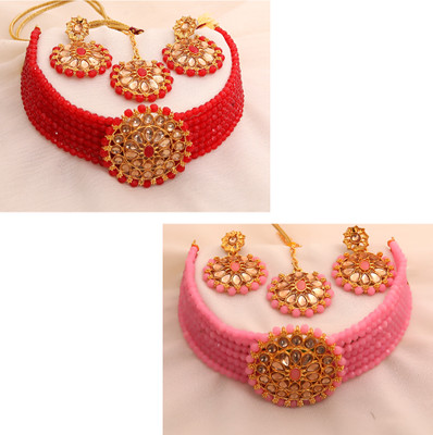 Chikku Alloy Gold-plated Red, Pink Jewellery Set(Pack of 2)
