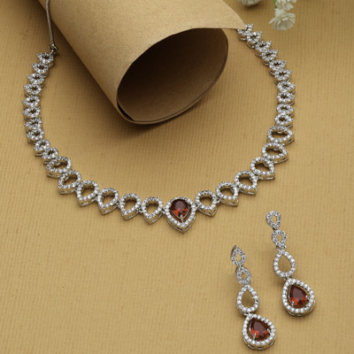 ZENEME Brass Rhodium Red Jewellery Set(Pack of 3)