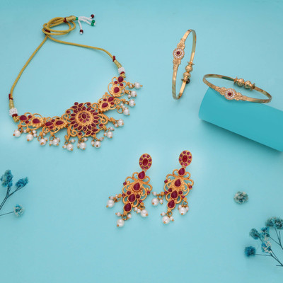 Alasca Brass Gold-plated Maroon Jewellery Set(Pack of 2)