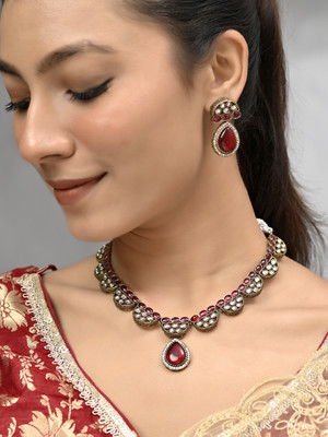 Silvermerc Designs Brass Gold-plated Red Jewellery Set(Pack of 1)