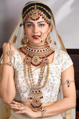 SHIV SHAKTI JEWELLERS Alloy Gold-plated Maroon Jewellery Set(Pack of 7)