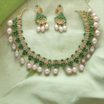 Sri Jagdamba Pearls Mother of Pearl Gold-plated Green Jewellery Set(Pack of 1)