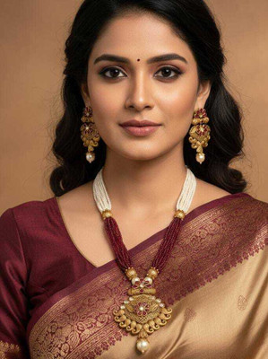 URVSSTORE Brass Gold-plated Maroon Jewellery Set(Pack of 3)