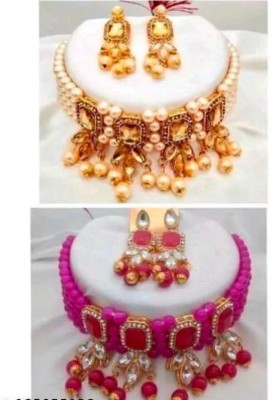 RAHUL TRADERS Alloy Gold-plated Pink, Beige Jewellery Set(Pack of 2)