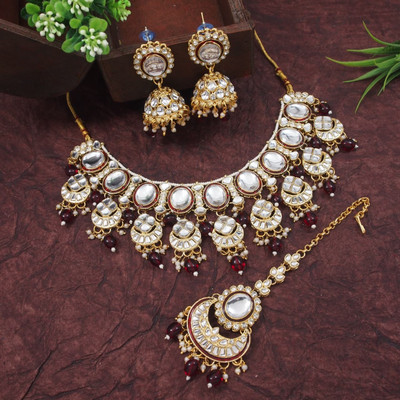 OrnaDzn Zevellery Alloy Gold-plated Maroon Jewellery Set(Pack of 4)