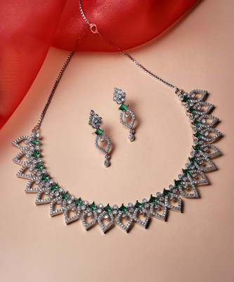 ZENEME Brass Rhodium Green Jewellery Set(Pack of 3)