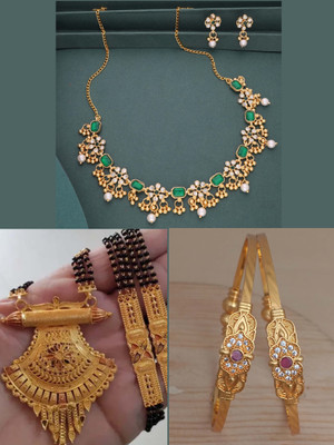 VEDDAA Brass Gold-plated Maroon Jewellery Set(Pack of 3)