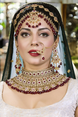 SS IMITATION JEWELLERY Alloy Gold-plated Maroon Jewellery Set(Pack of 4)