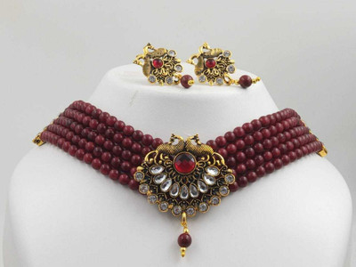 Om Krishiv Collection Brass Gold-plated Maroon Jewellery Set(Pack of 2)