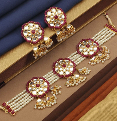 Bhagya Lakshmi Alloy Gold-plated Maroon Jewellery Set(Pack of 1)