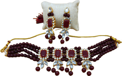 OM Creations Alloy Gold-plated Maroon Jewellery Set(Pack of 2)